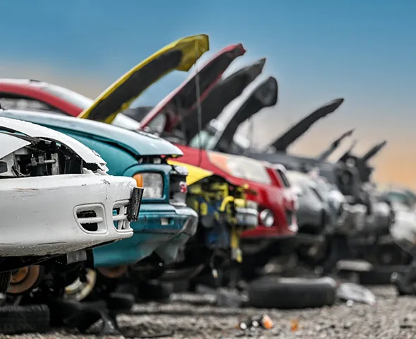 Colorful junk cars with open hoods in Midlothian TX scrap yard for recycling